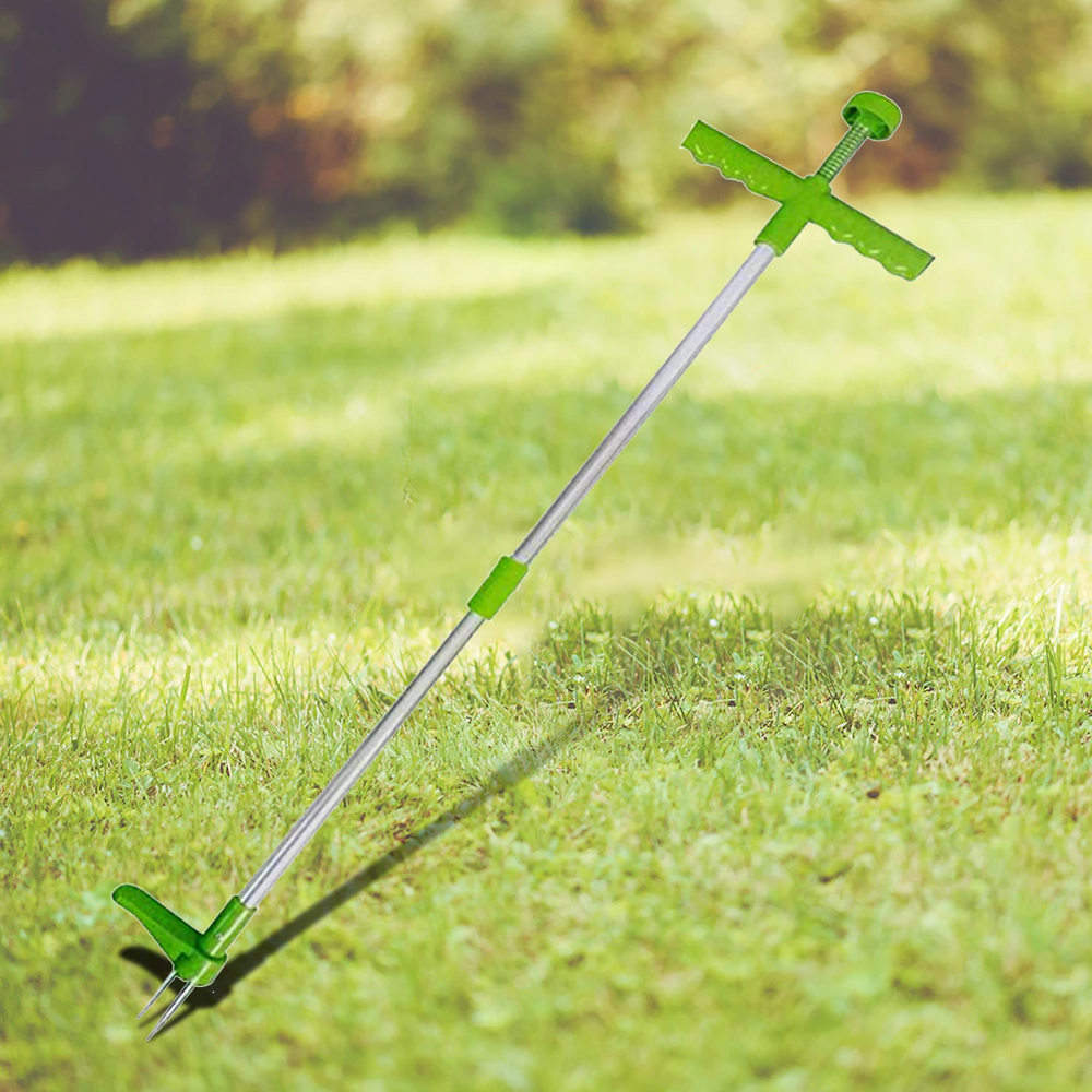 Outil de désherbage manuel ergonomique et debout, avec long manche télescopique en aluminium pour jardinage confortable.