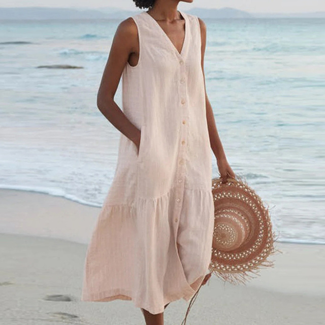 Robe d'été midi chic et légère pour femme, col en V, coupe ample boutonnée. Parfaite pour un look décontracté élégant.