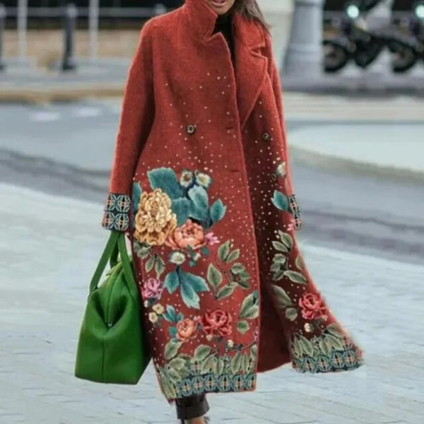 Manteau long Inaya floral élégant pour femme, idéal hiver/printemps. Tendance et chic.