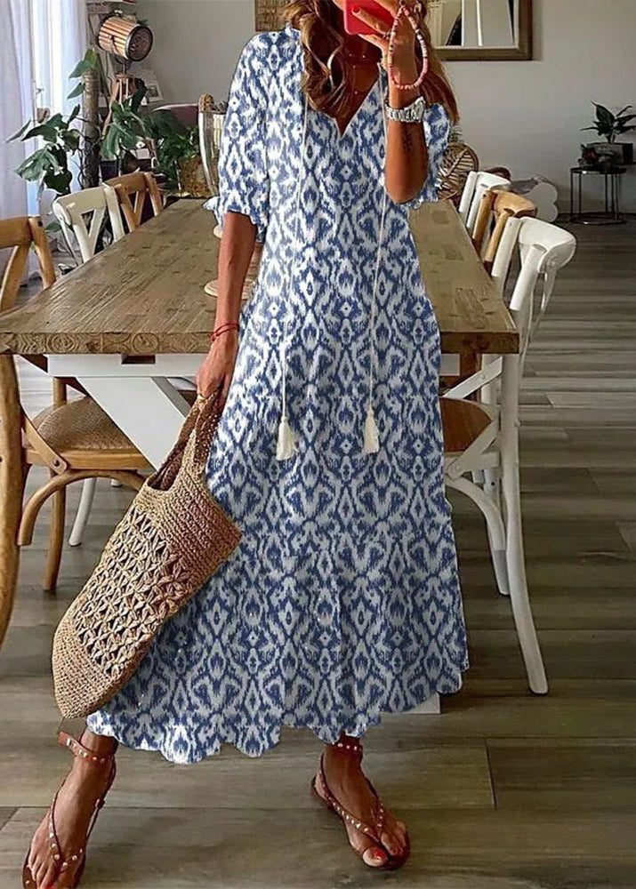 Robe d'été longue décontractée femme, imprimé floral, manches mi-longues, ceinture taille. Confort et style.