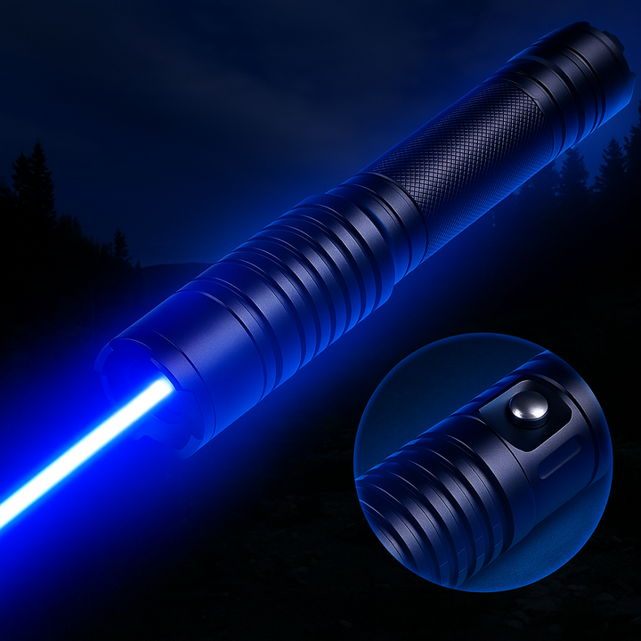Torche laser bleue robuste et tactique, conçue pour résister aux défis de la survie et de l'extérieur.
