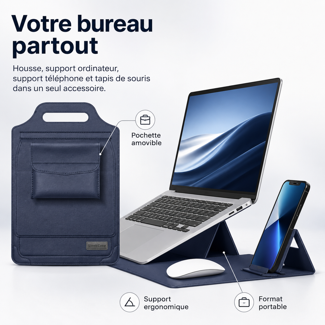Protection laptop élégante : housse fine et support intégré pour PC portable. Accessoire idéal pour la bureautique et le nomade.