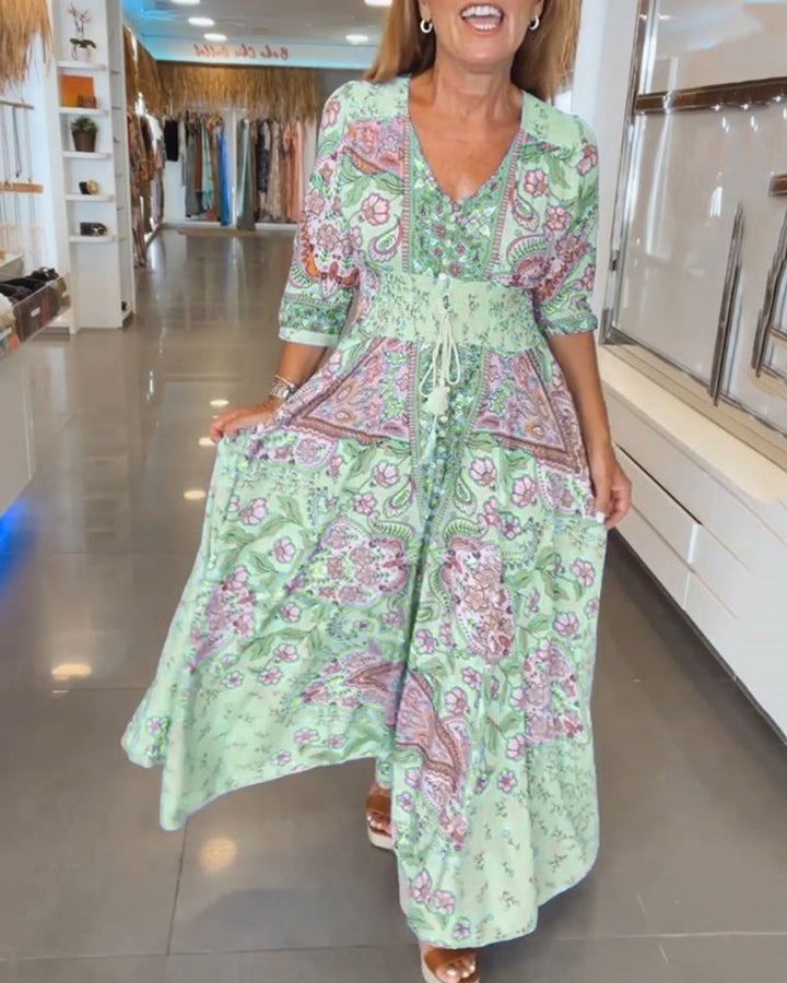 Robe maxi femme élégante, imprimé floral vif, col V flatteur. Look estival parfait.