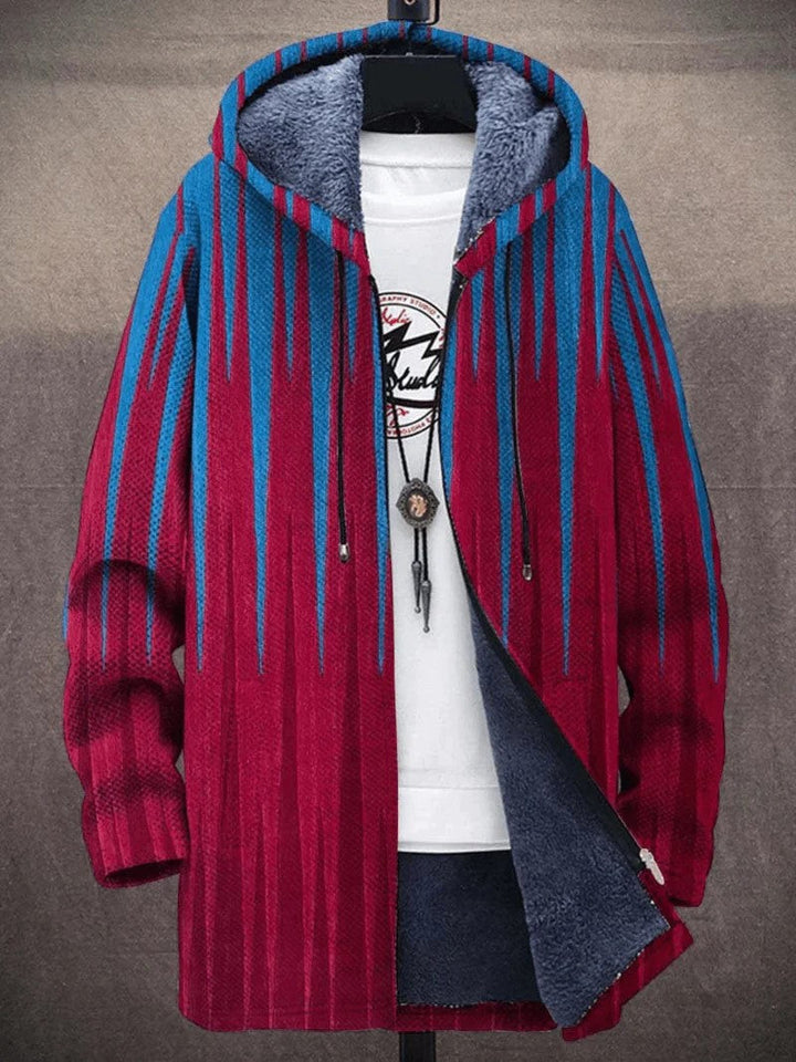 Détail de l'imprimé artistique abstrait et coloré sur la veste polaire femme à capuche streetwear.