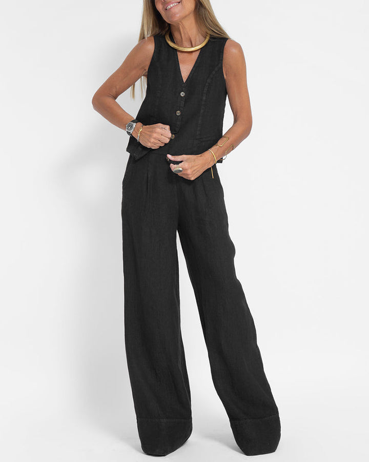 Ensemble deux pièces femme, pantalon fluide et gilet long en lin pour le printemps.