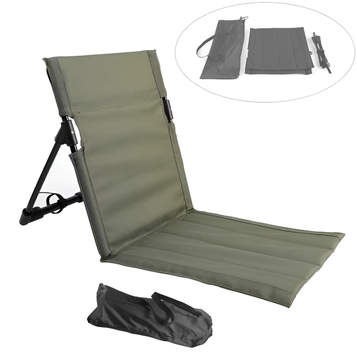 Chaise de camping pliante, design moderne, avec coussin respirant et structure légère.