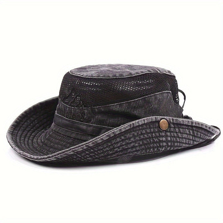 Chapeau de soleil kaki pour pêche et plage, respirant, protection UV, cordon. Design unisexe.