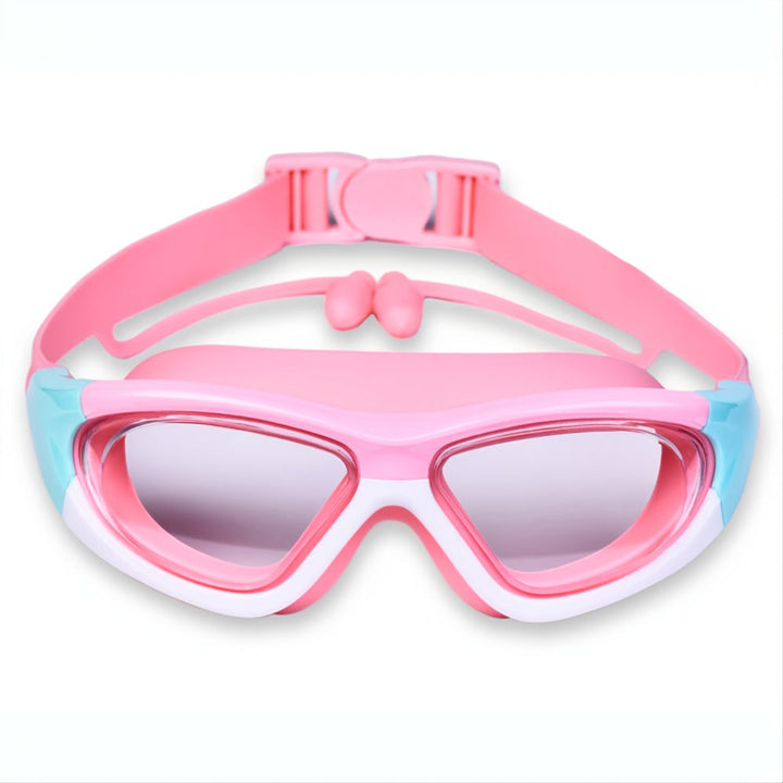 Lunettes natation enfant piscine/plage, grand cadre, confort silicone, anti-UV.