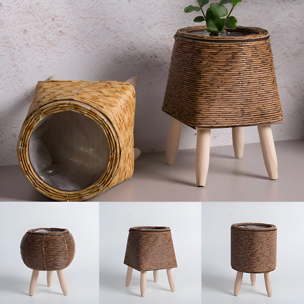 Jardinière extérieure en rotin synthétique résistant, pieds bois élégants, pour terrasse et balcon.