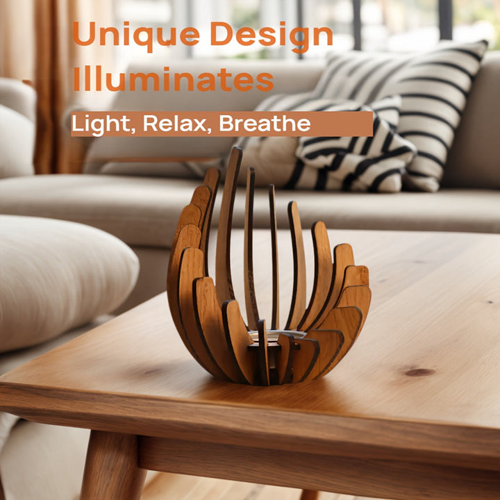 Artisanat du bois: bougeoir lotus bohème sculpté main. Élégance et lumière pour votre décoration intérieure.