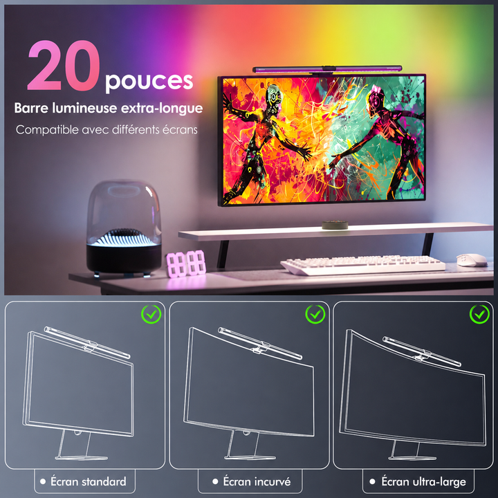 Barre lumineuse LED moderne pour écran. Rétroéclairage RVB personnalisable, s'adapte à tout bureau, améliore l'ambiance lumineuse.