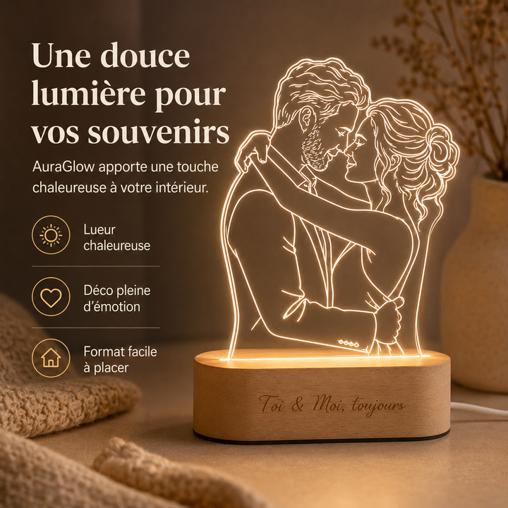 Décoration intérieure unique: Lampe LED AuraGlow photo personnalisée, base bois, ambiance chaleureuse.