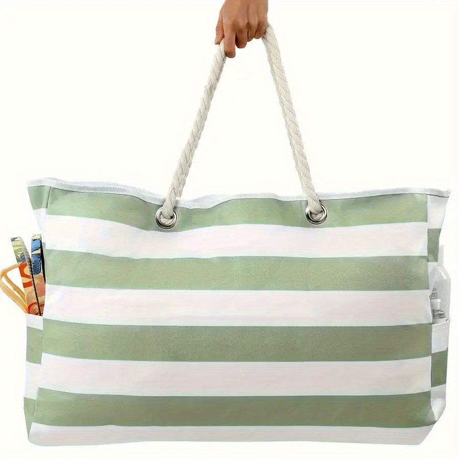 Sac femme grand format, rayé pour la plage, avec poignées en corde robustes.