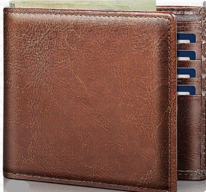 Portefeuille homme organisé en cuir véritable, brun, avec multiples fentes pour cartes et protection RFID intégrée.