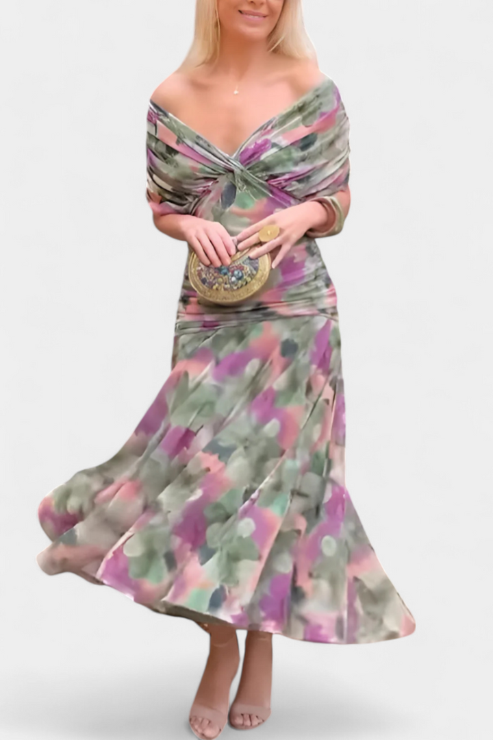 Robe longue femme, col V, imprimé floral. Style bohème chic ou élégant pour l'été.