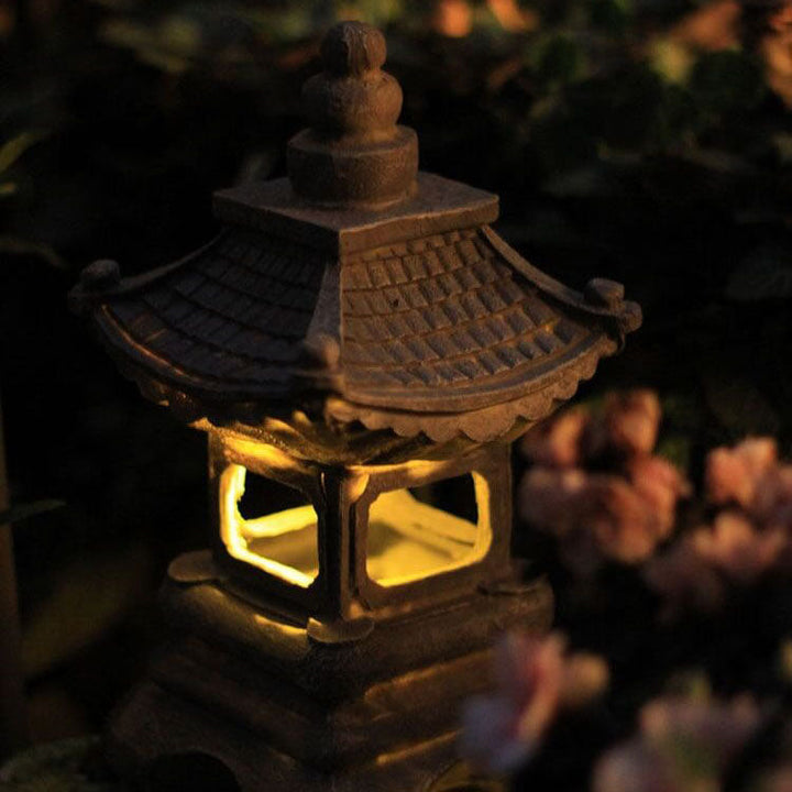 Éclairage de jardin solaire LED, style pagode zen, finition pierre. Idéal pour l'extérieur.