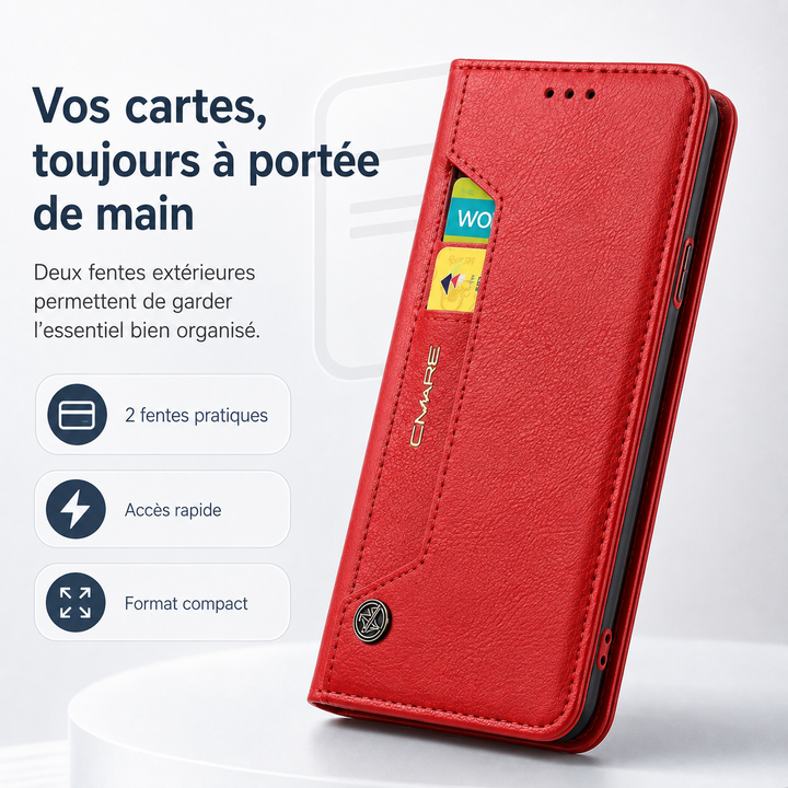 Coque portefeuille en cuir pour iPhone avec fermeture magnétique et porte-cartes.