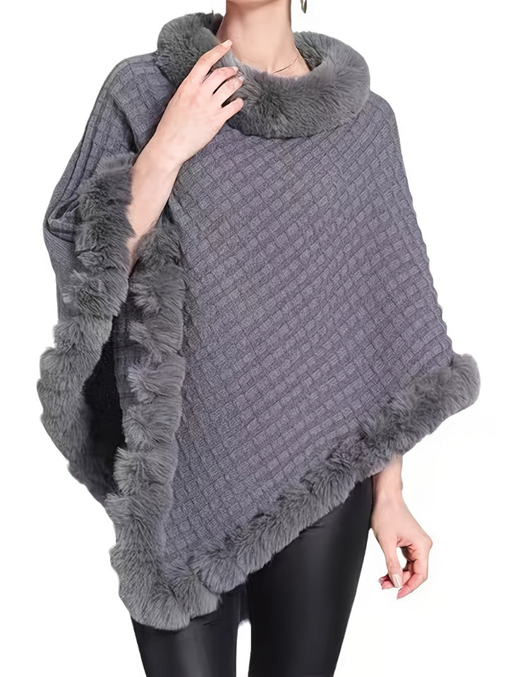 Pull tricoté épais femme, col roulé et cape d'hiver avec fausse fourrure, vêtement chaud automne-hiver.
