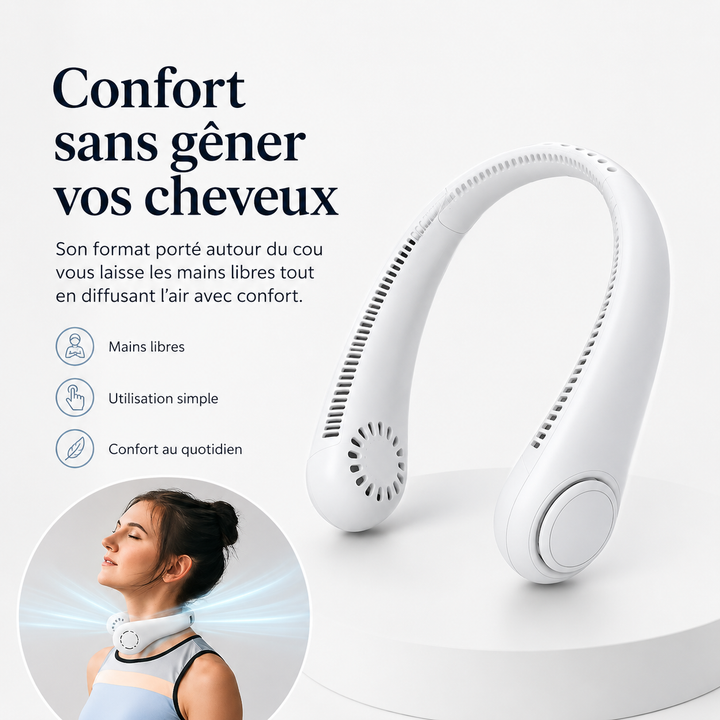 Ventilateur de cou blanc léger et portable, offrant une fraîcheur constante pendant l'été.