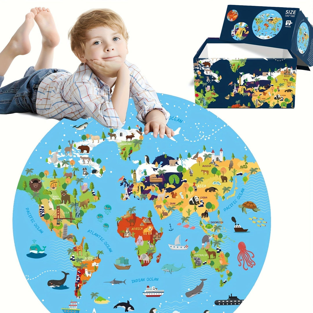 Puzzle de sol pour enfants, 70 pièces, carte du monde illustrée d'animaux, jeu d'éveil éducatif.