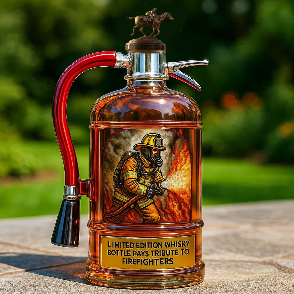 Bouteille de whisky pour collectionneurs, design pompier détaillé, pièce unique et commémorative.