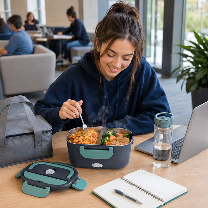 Conteneur chauffant portable HotBox. Idéal pour un déjeuner chaud et savoureux partout. Boîte à lunch électrique.