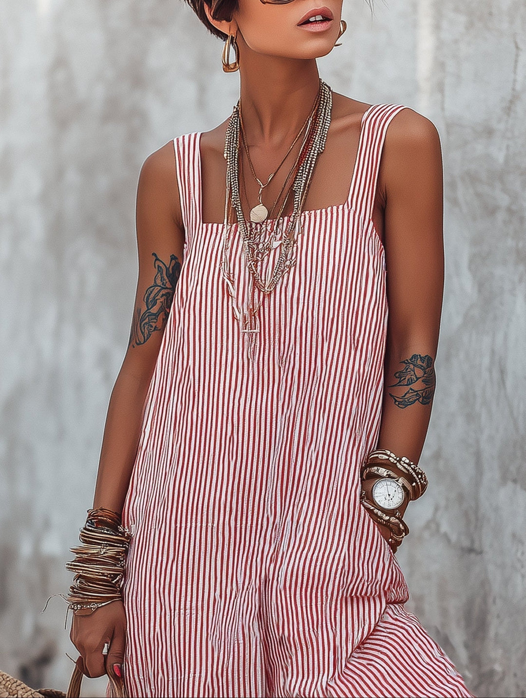 Combinaison rayée ample et fluide pour femme, parfaite pour printemps/été. Look bohème décontracté et chic.