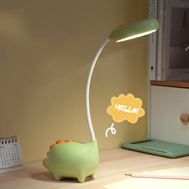Lampe de bureau LED flexible verte pour enfant, lumière dimmable douce, rechargeable pour études.