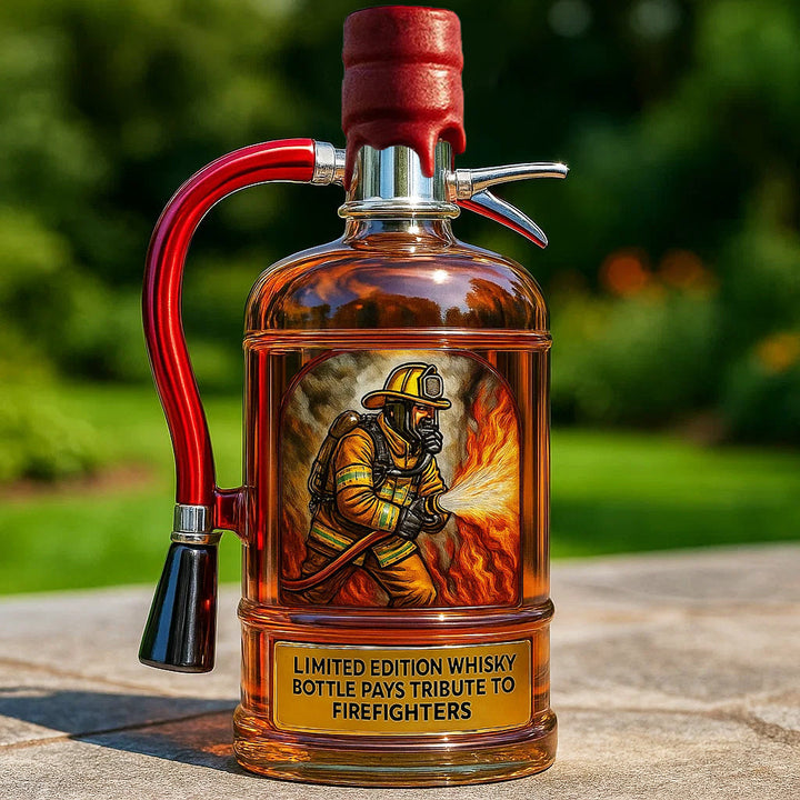 Bouteille de whisky commémorative pour pompiers, design exclusif, cadeau hommage et décoration unique.