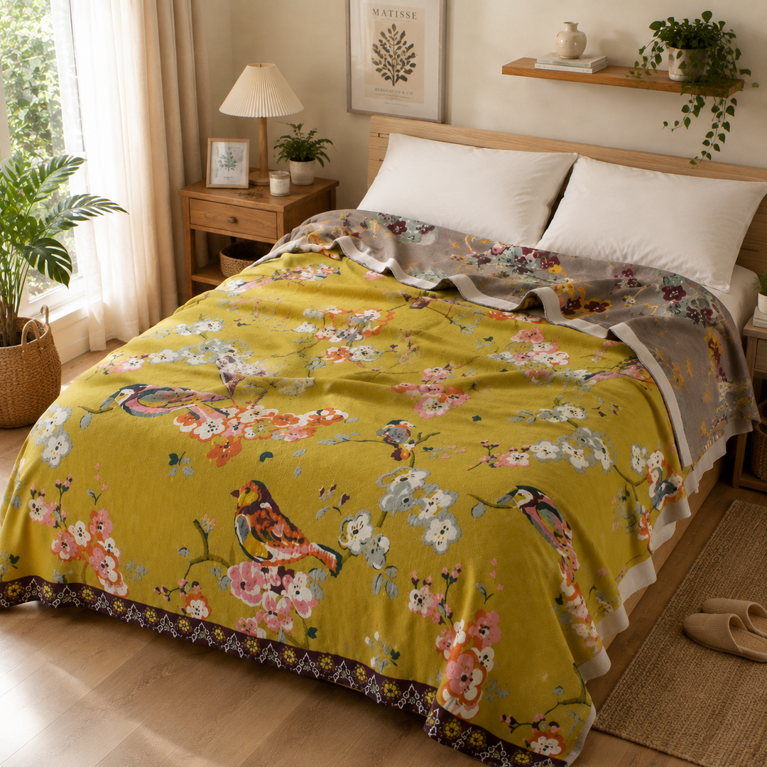 Plaid en coton réversible motif floral oiseaux, idéal comme jeté de canapé ou literie. Confort et style maison.