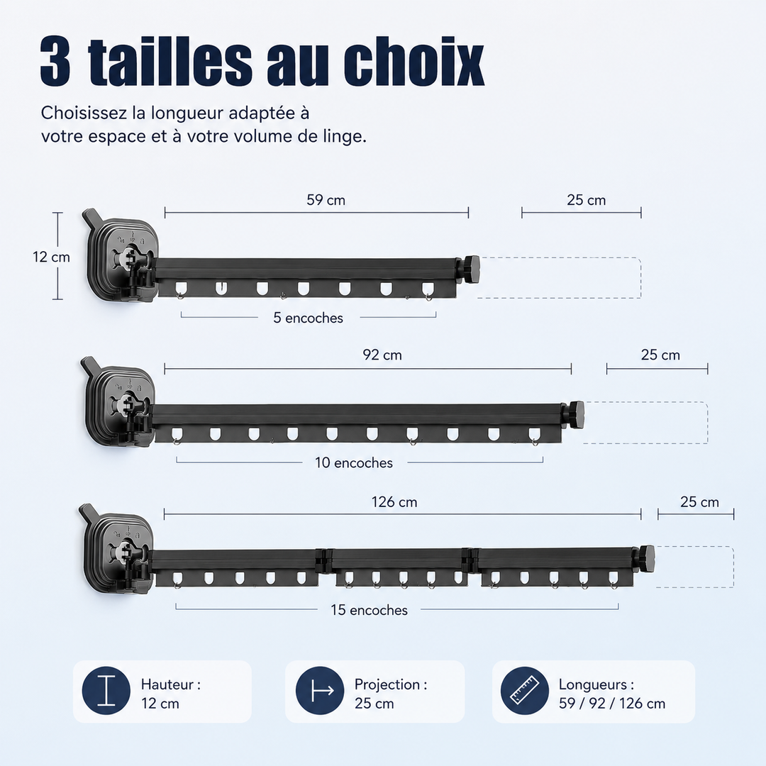 Étendoir mural pliable, discret et pratique. Séchage du linge efficace même dans les petits espaces.