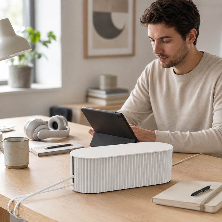 Rangement câbles moderne en ABS, garde vos fils électriques discrets et ordonnés.