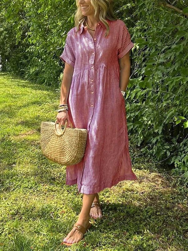 Robe chemise femme longue rayée fluide, avec boutons et poches. Style décontracté chic.