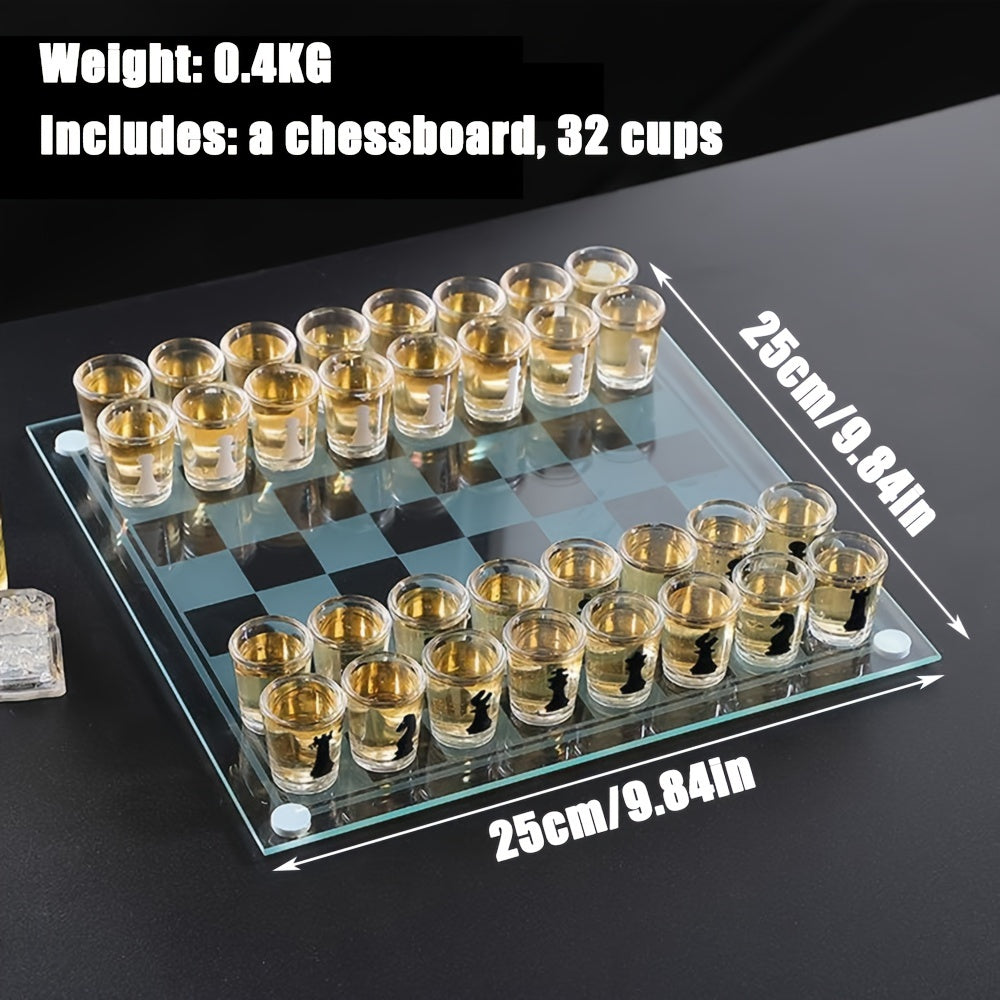 Élégant plateau d'échecs en verre et 32 verres à shot transparents pour un jeu de boisson original.