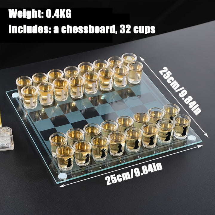 Élégant plateau d'échecs en verre et 32 verres à shot transparents pour un jeu de boisson original.
