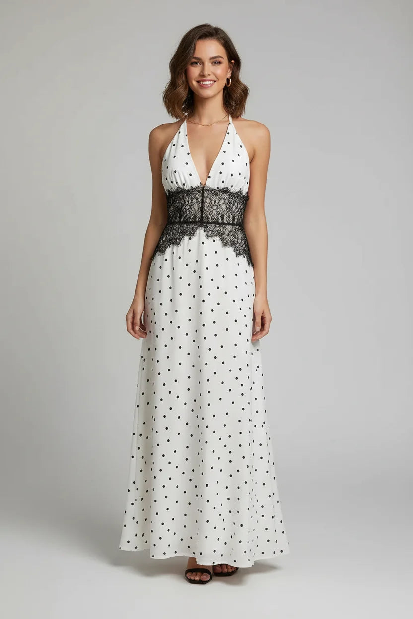 Robe longue femme halter chic, dos nu, avec fente glamour. Idéale pour des soirées élégantes et mémorables.
