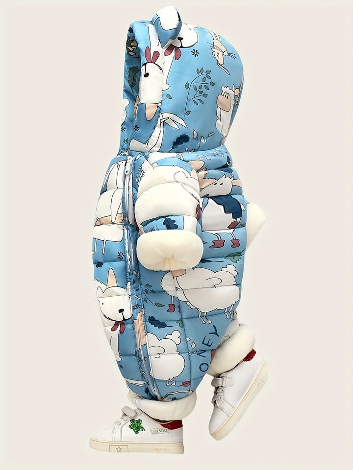 Adorable snowsuit bébé, blanc et jaune, offrant chaleur optimale et confort douillet pour l'hiver.