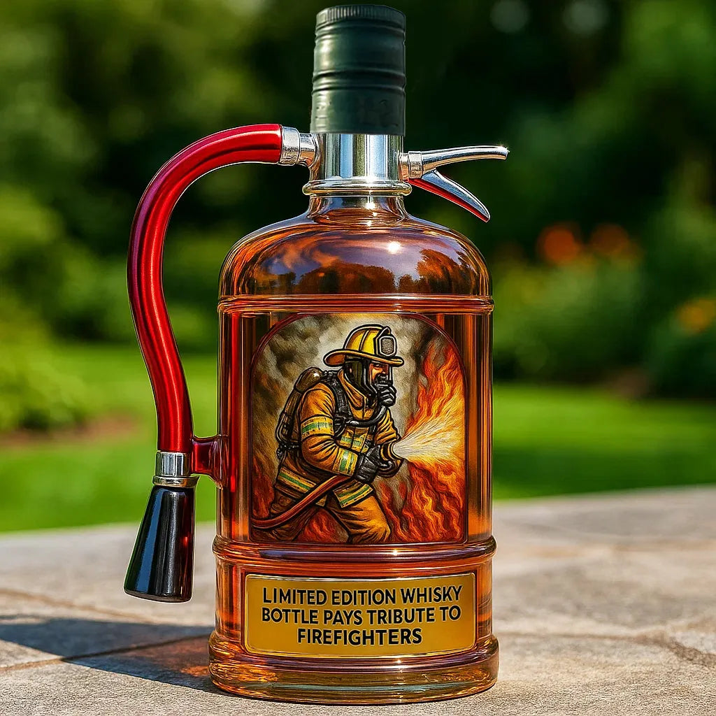 Bouteille de whisky avec emblème pompier gravé, hommage au courage, design de collection exclusif.
