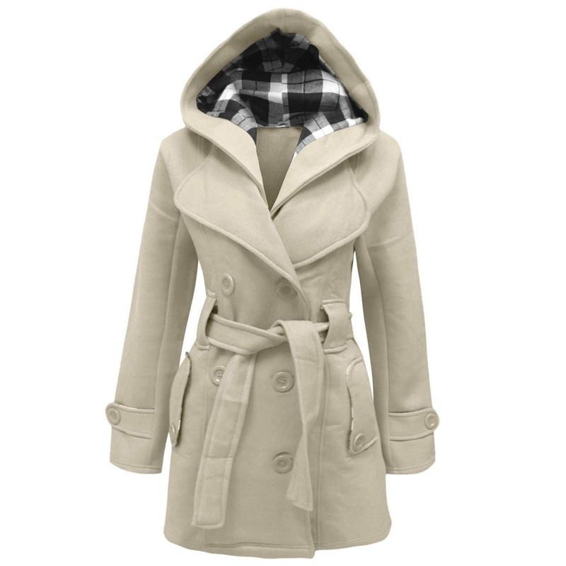 Manteau femme chaud et chic à capuche, style intemporel. Idéal pour l'hiver, couleur beige.