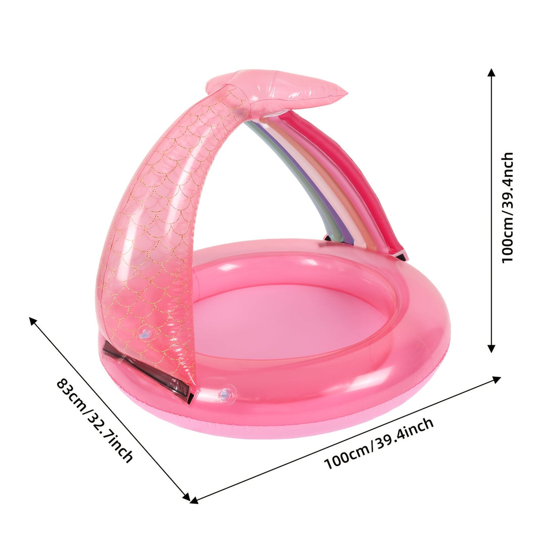 Piscine bébé gonflable dinosaure vert/rose avec parasol, un jeu d'eau rafraîchissant et protégé du soleil.