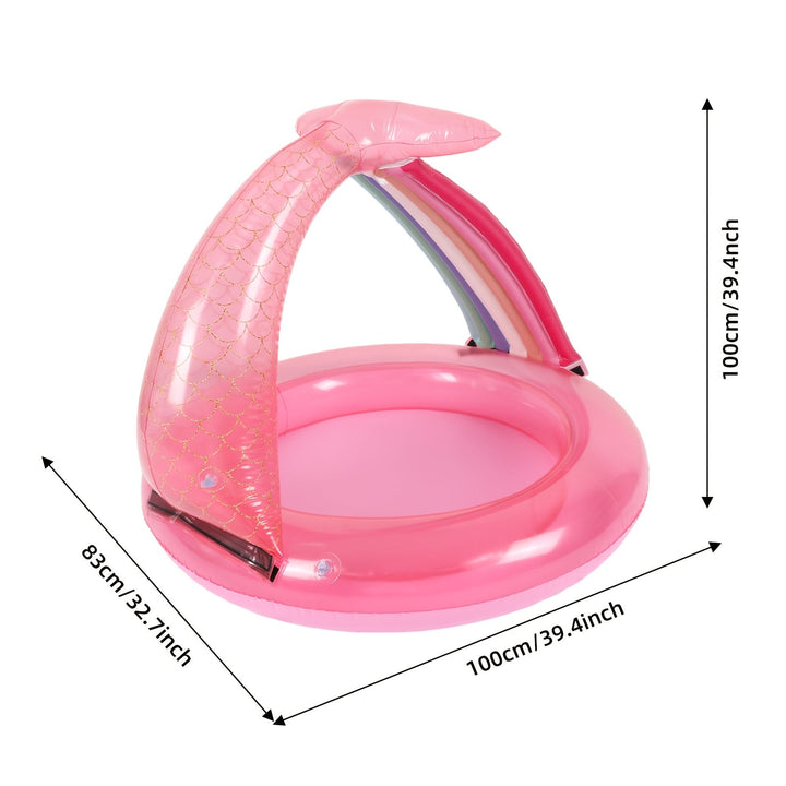 Piscine bébé gonflable dinosaure vert/rose avec parasol, un jeu d'eau rafraîchissant et protégé du soleil.