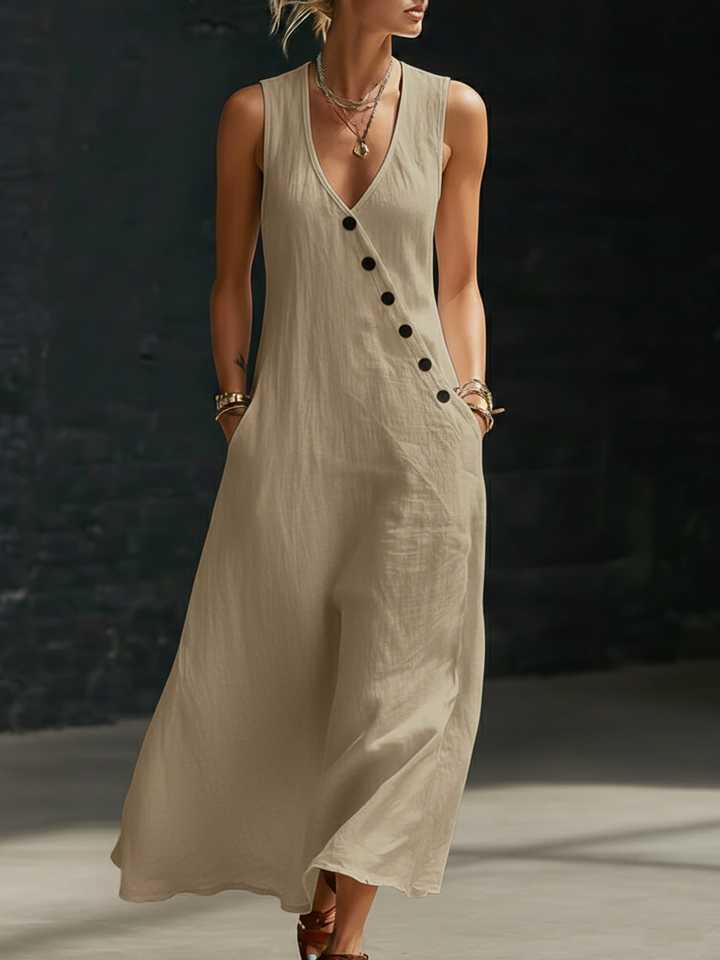 Robe longue confortable et chic pour femme. Style décontracté avec col V et boutons. Parfaite pour l'été.
