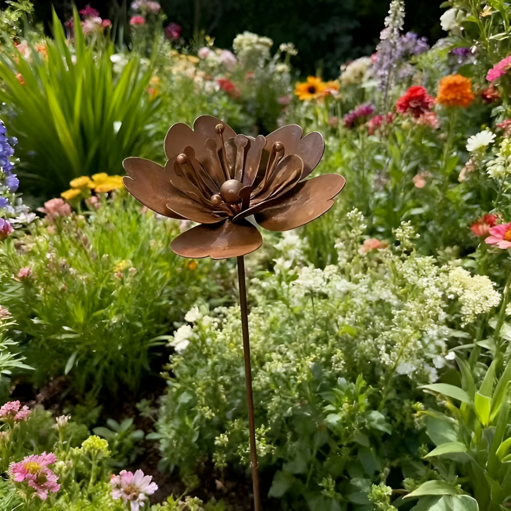 Décoration de jardin en forme de fleur, piquet en métal vieilli. Idéal pour éclairage ambiant porte-bougie.