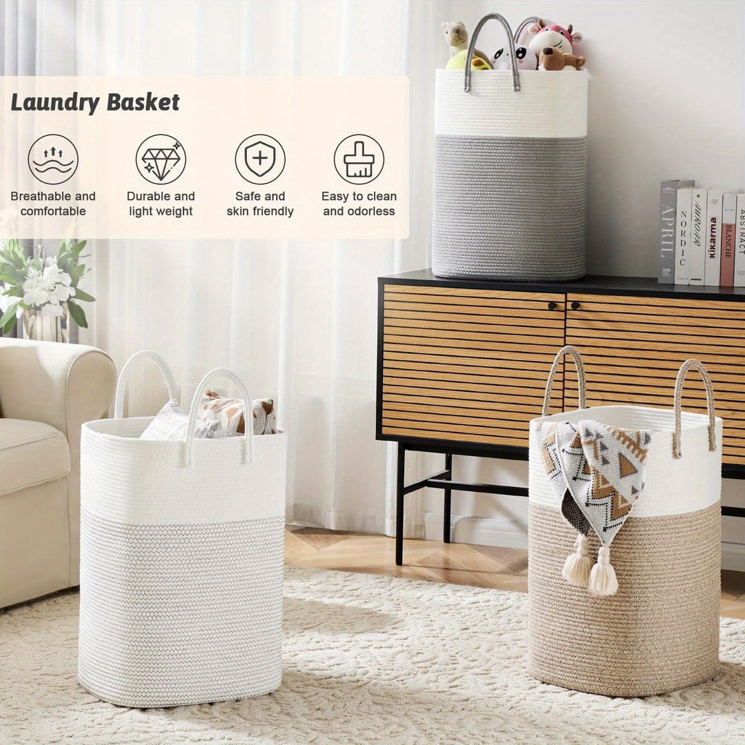 Organisez votre linge avec ce panier tressé en coton, robuste et de grande capacité pour la maison.