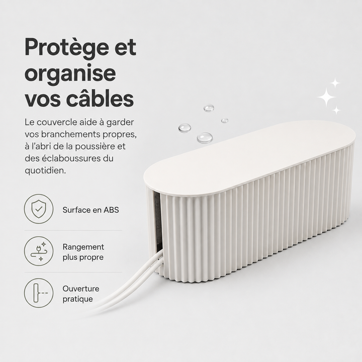 Boîte de gestion câbles élégante, maintient votre espace de travail sans encombrement.
