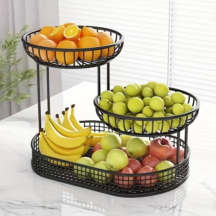 Panier à fruits décoratif 3 niveaux en métal élégant, parfait pour le rangement de cuisine moderne.