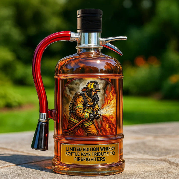Élégante bouteille whisky spiritueux, thème pompier, objet de décoration ou cadeau hommage.