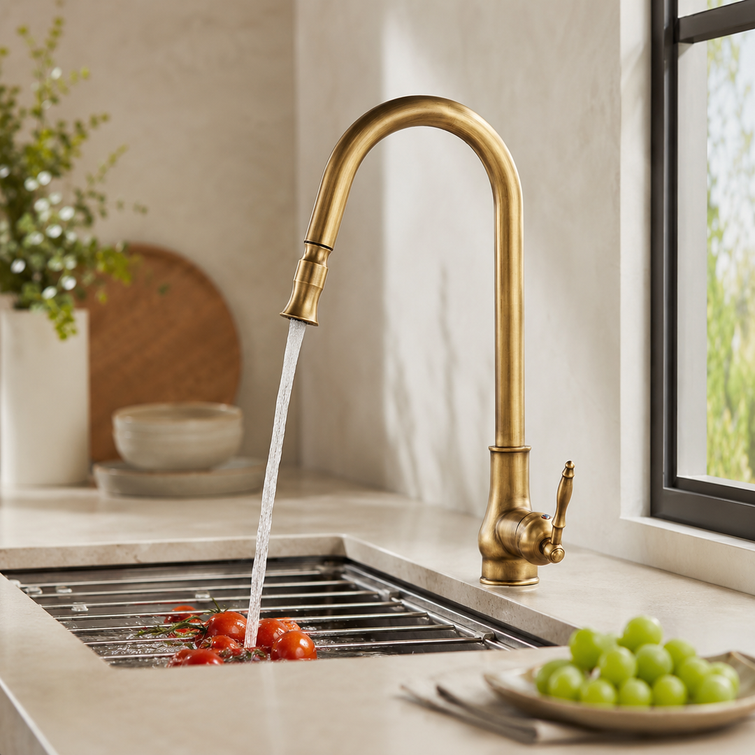 Robinet de cuisine rétractable en bronze antique, douchette pratique pour nettoyage facile de l'évier.
