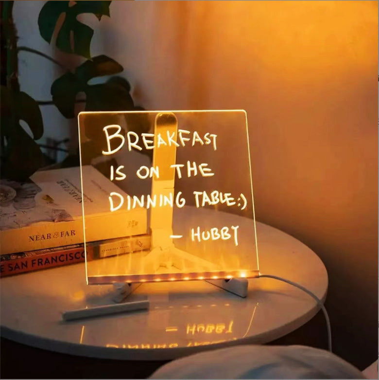 Tableau lumineux acrylique avec base LED pour écriture et dessin. Idéal comme décoration de bureau ou maison.
