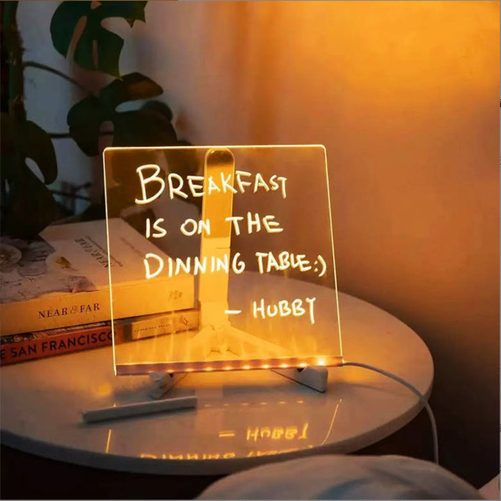 Tableau lumineux acrylique avec base LED pour écriture et dessin. Idéal comme décoration de bureau ou maison.